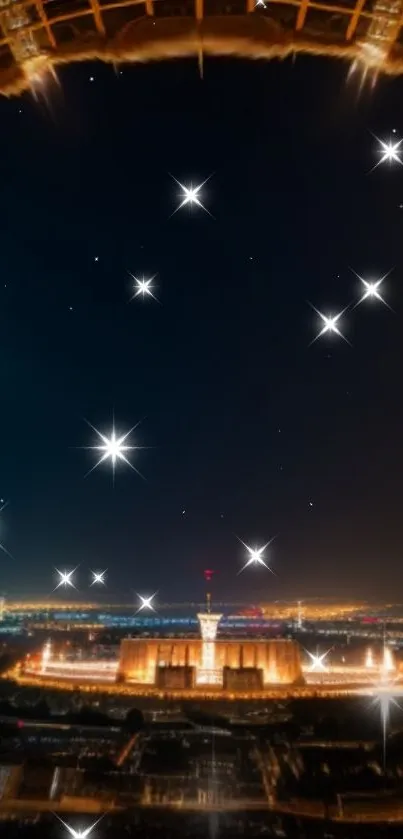 Starry night view of a city skyline under a dark sky with bright stars.