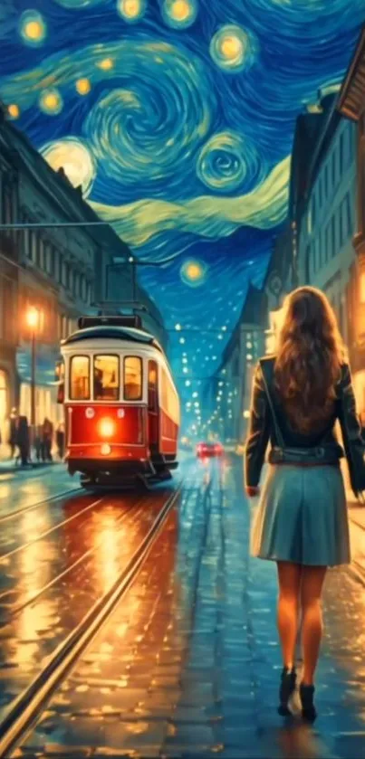 Starry night urban scene with tram and woman