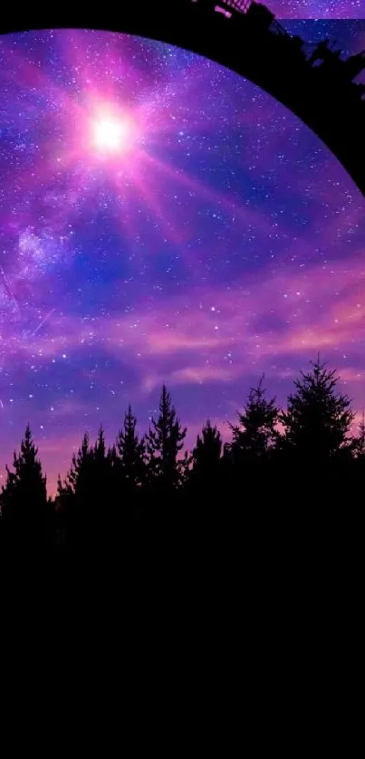 Vibrant starry night sky with urban skyline silhouette over a forest.