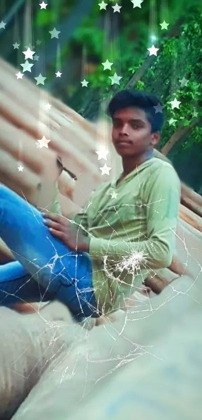 Young man in greenery, stars, cracked glass effect.