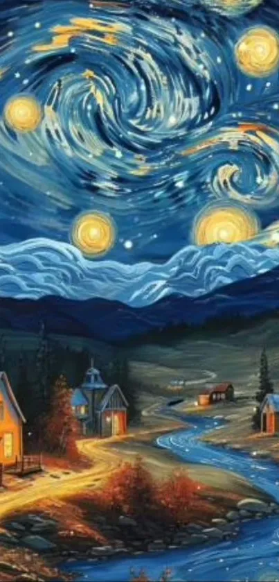 Starry night village scene with swirling sky in vibrant colors.