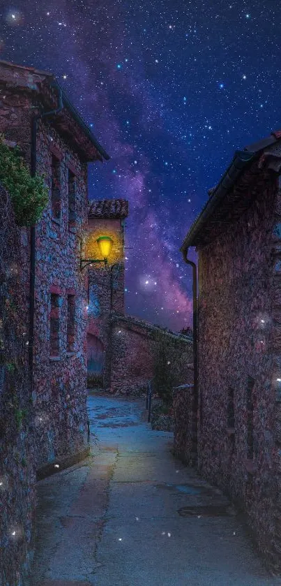 Charming village street under starry night sky.