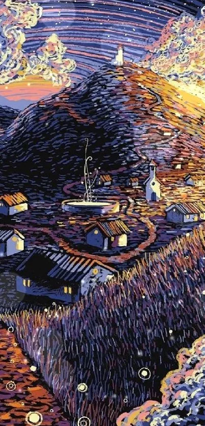 Artistic starry night village scene with glowing clouds and hills.