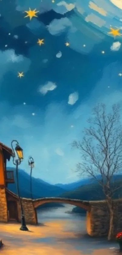 Serene village under a starry night sky with a moonlit bridge and rustic houses.