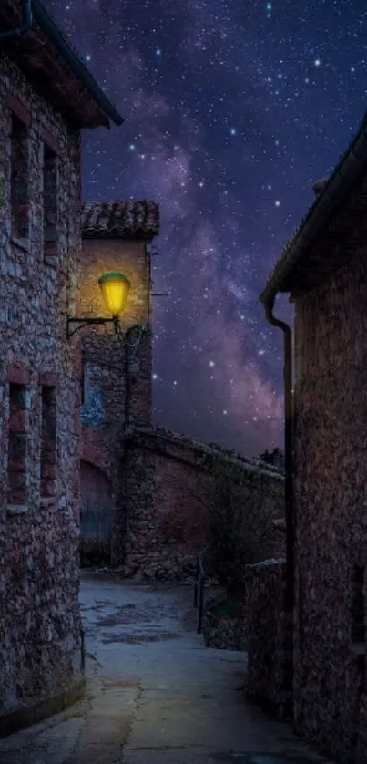 Village street under a starry night sky, with a glowing street lamp.