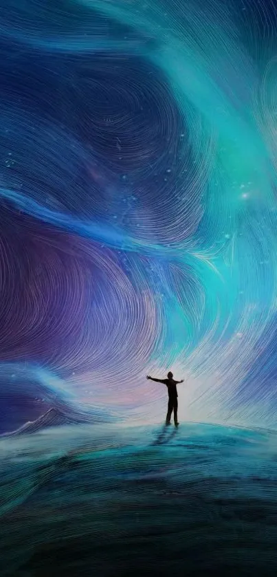 Man stands under swirling teal and blue night sky.