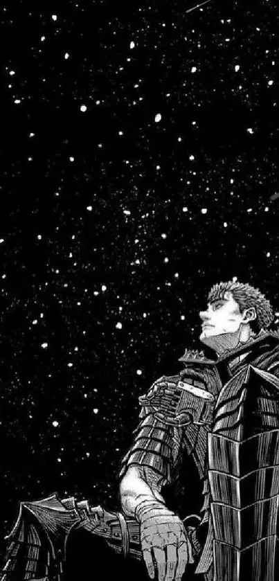 Warrior gazing at the star-filled sky, clad in armor, against a black backdrop.