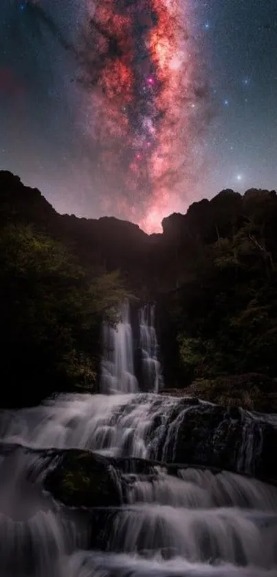 Starry sky over waterfall in dark landscape.