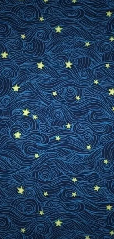 Hand-drawn starry night waves with yellow stars on deep blue.