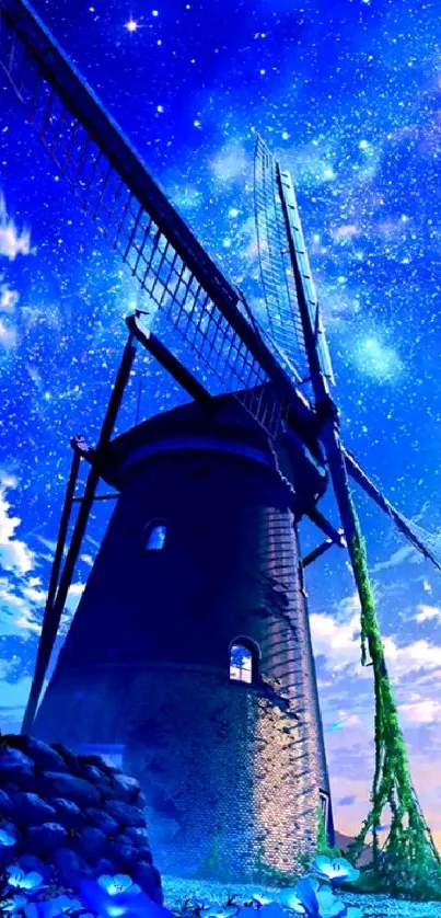 A windmill under a starry night sky with a galaxy view for mobile wallpaper.