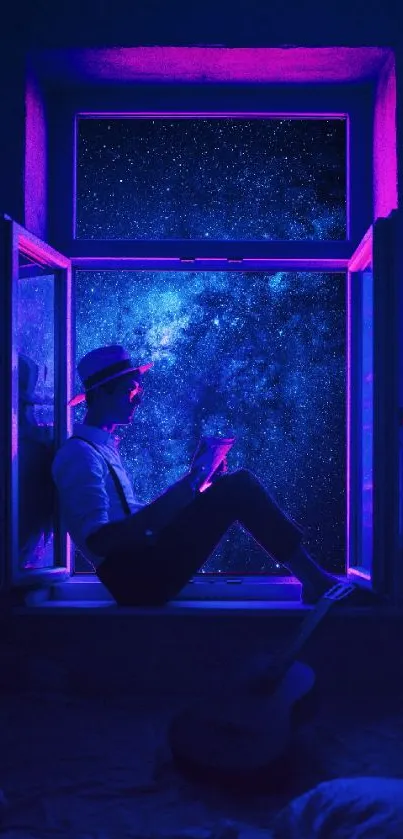 A silhouette sits by a window, gazing at a vibrant cosmic night sky.