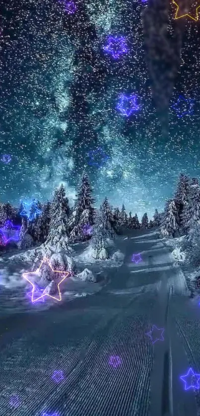 Starry night sky over snowy winter landscape with glowing stars.