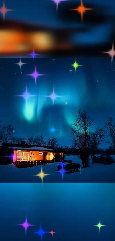 Serene night sky with stars and glowing aurora over cabin.