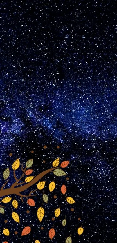 Starry night sky with falling autumn leaves.