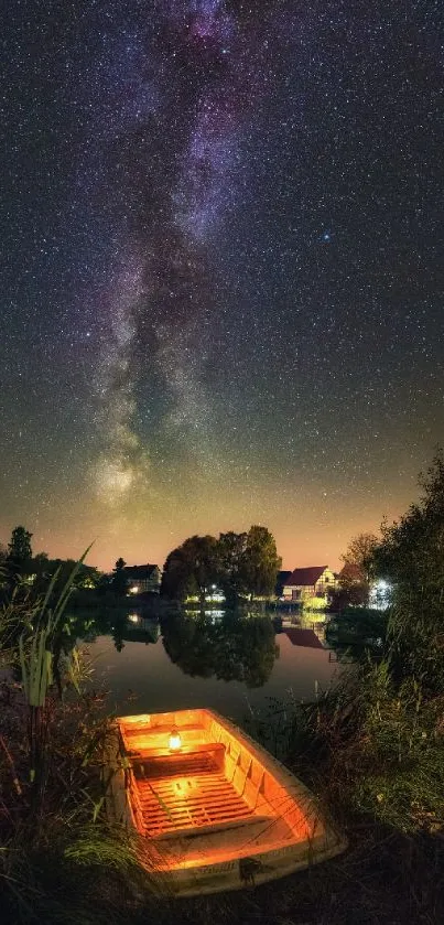 Starry sky above a glowing boat on a tranquil river.