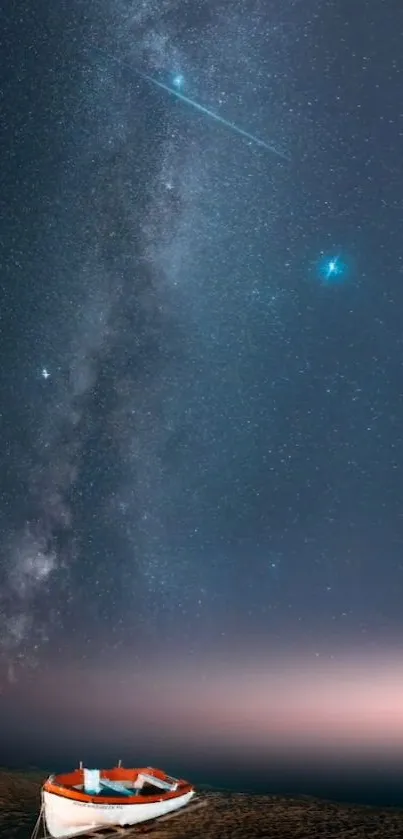 Star-filled sky over boat at night.