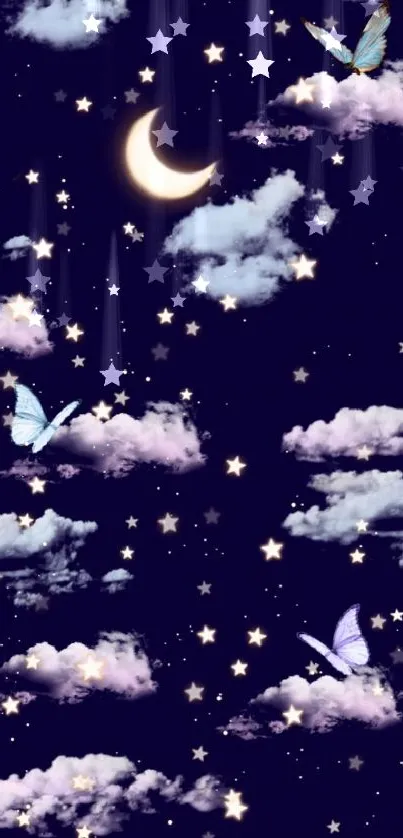 Dreamy starry night wallpaper with butterflies and clouds.