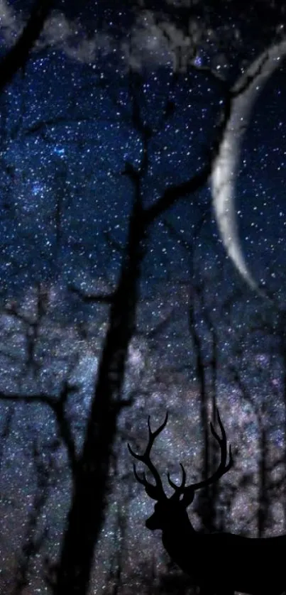 Starry sky with crescent moon and deer silhouette wallpaper.