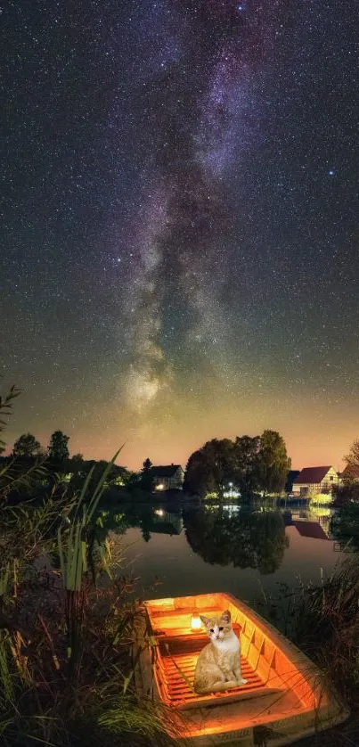 A dog on an illuminated boat under a starry night sky by a lake.