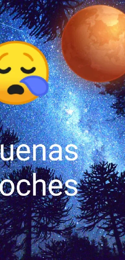 Starry night mobile wallpaper with sleep emoji and buenas noches text.