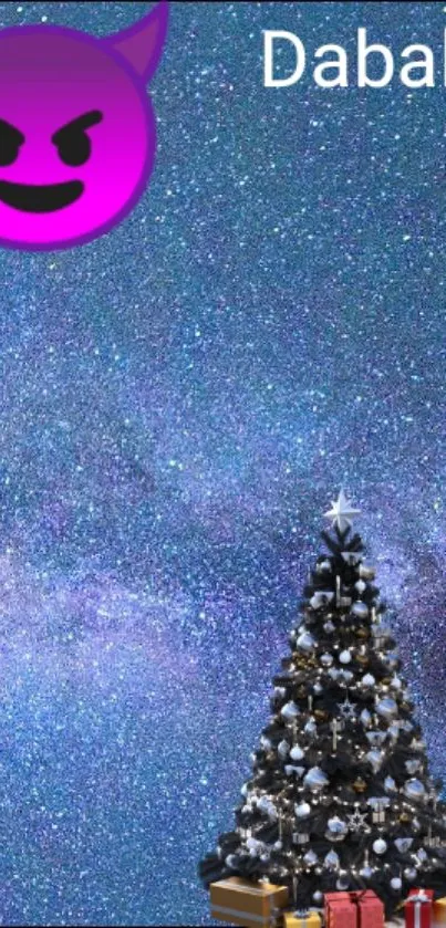 Starry sky with emoji and Christmas tree on mobile wallpaper.