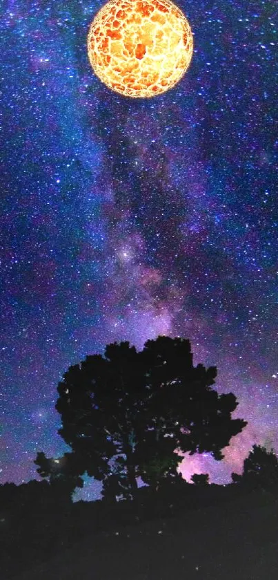 Fiery orange moon with starry night sky and silhouetted tree.