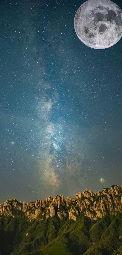 Starry night with full moon and mountain peaks wallpaper.