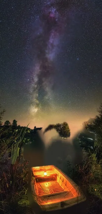 Starry sky with a glowing boat on the lake.