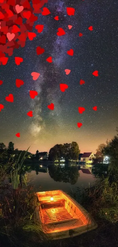 Starry sky with red hearts over a peaceful lake.