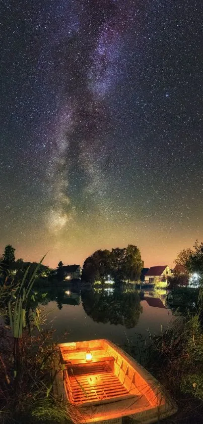 Milky Way over a calm lake with boat, under starry night sky.