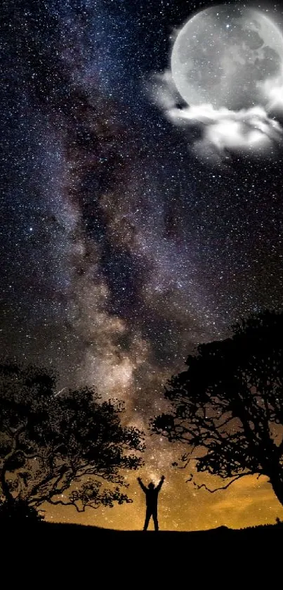 Starry night sky with full moon and silhouetted trees in unique wallpaper.