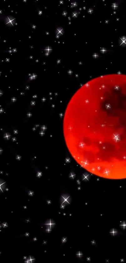 Mobile wallpaper of a red moon with a starry black sky background.