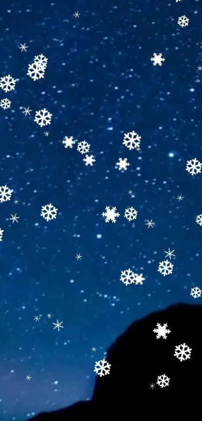 Mobile wallpaper with starry night and snowflakes.