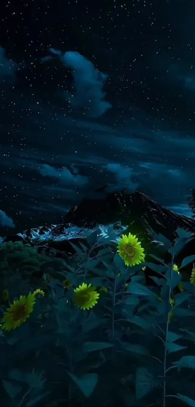 A night sky with stars over sunflowers and mountains.