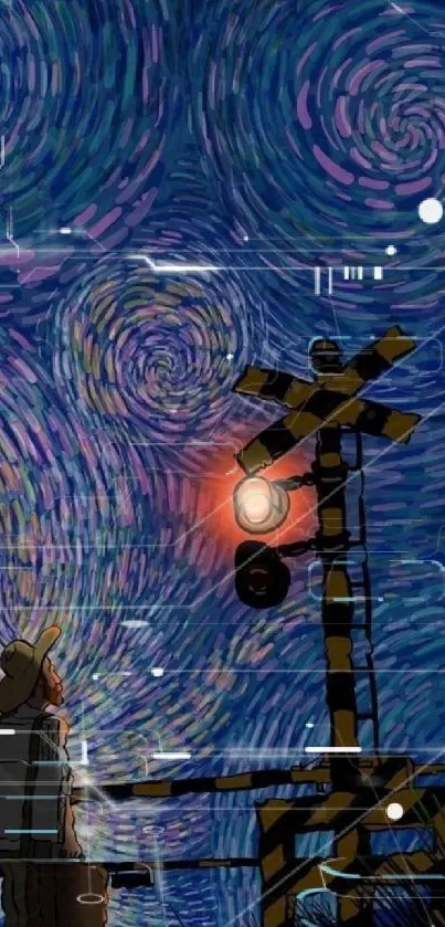 Anime scene with starry night sky and swirling patterns.