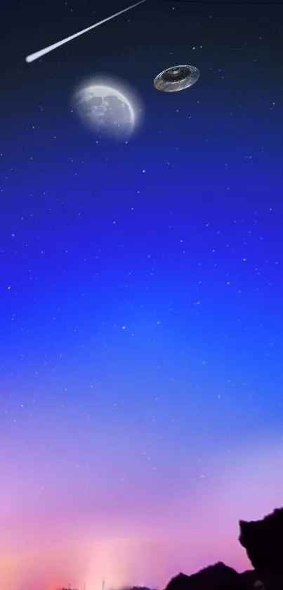 A starry night sky with a moon and UFO, perfect for mobile wallpaper.