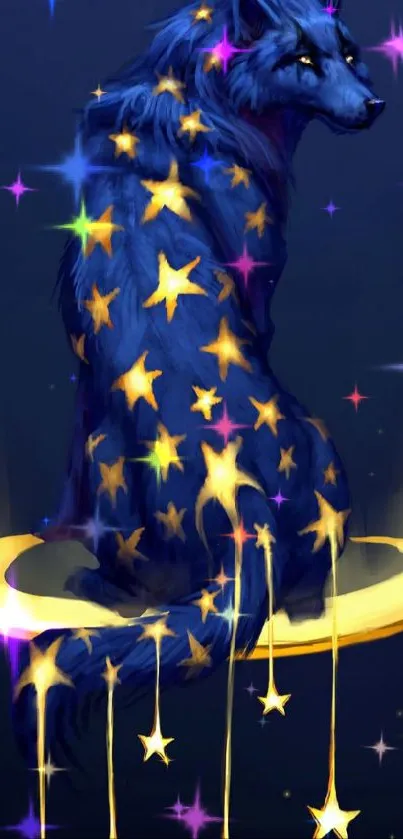 Blue wolf with stars on dark background.