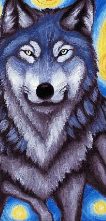 Artistic wolf with starry night background in blue and yellow hues.