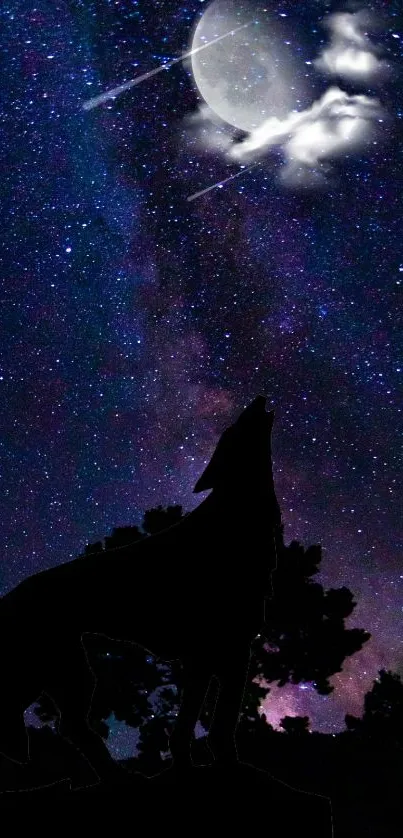 Silhouette of a wolf howling under a star-filled night sky with a visible moon.