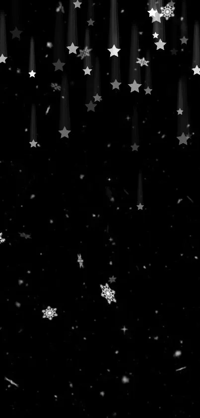 Black background with stars and snowflakes mobile wallpaper.