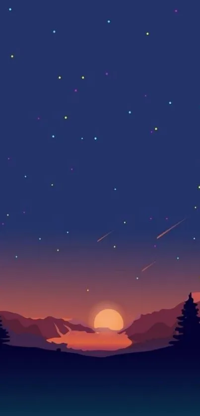 Serene starry nightfall with a sunset and landscape in the mobile wallpaper.