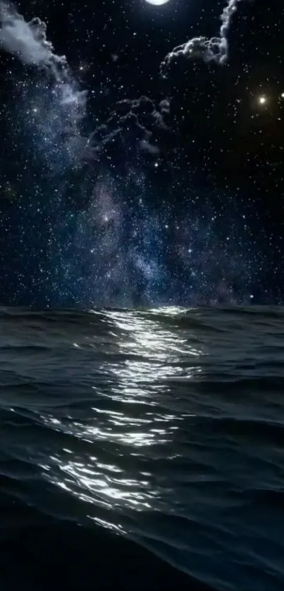 Starry night over ocean with moonlight reflection creating a serene and calming effect.