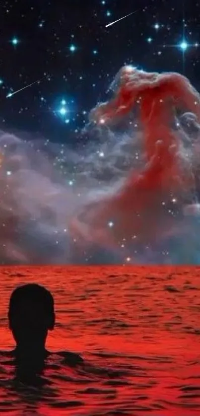 Silhouette in red ocean with starry sky backdrop.