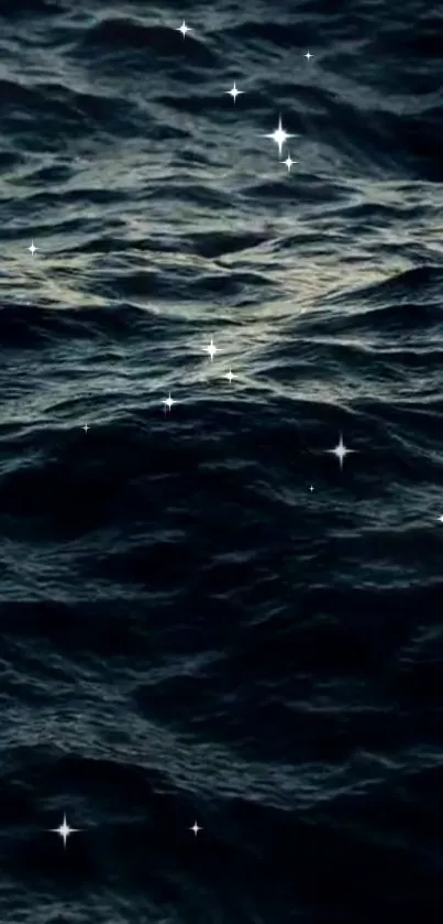 Starry ocean waves at night with sparkling reflections.