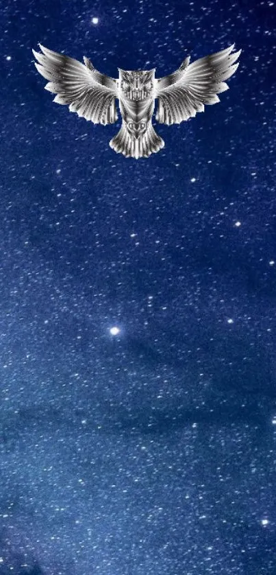 Silver owl flying in a starry night sky wallpaper.