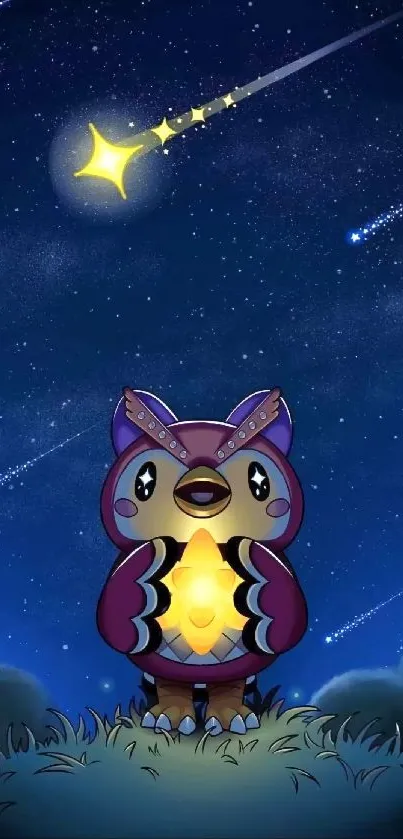 Cute owl stands under a starry sky with shooting stars.