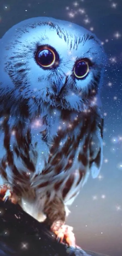 A majestic owl perched under a starry night sky, creating an enchanting mobile wallpaper.