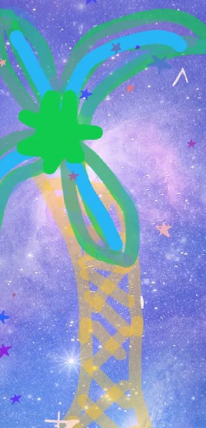 Stylized palm tree under a starry night sky with cosmic colors.