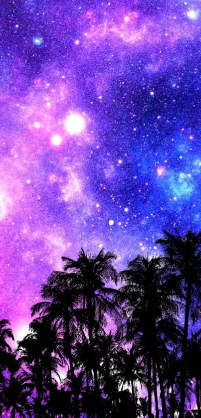 Purple galaxy sky with palm tree silhouette