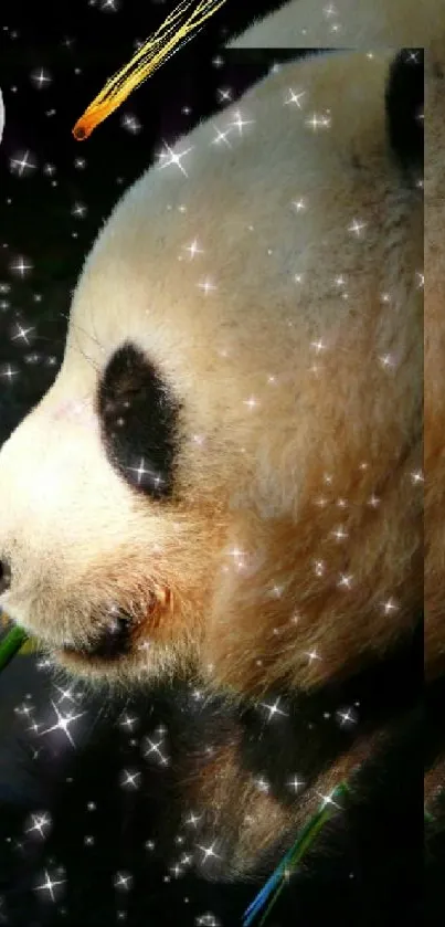 A panda under a sparkling night sky with a moon and stars.